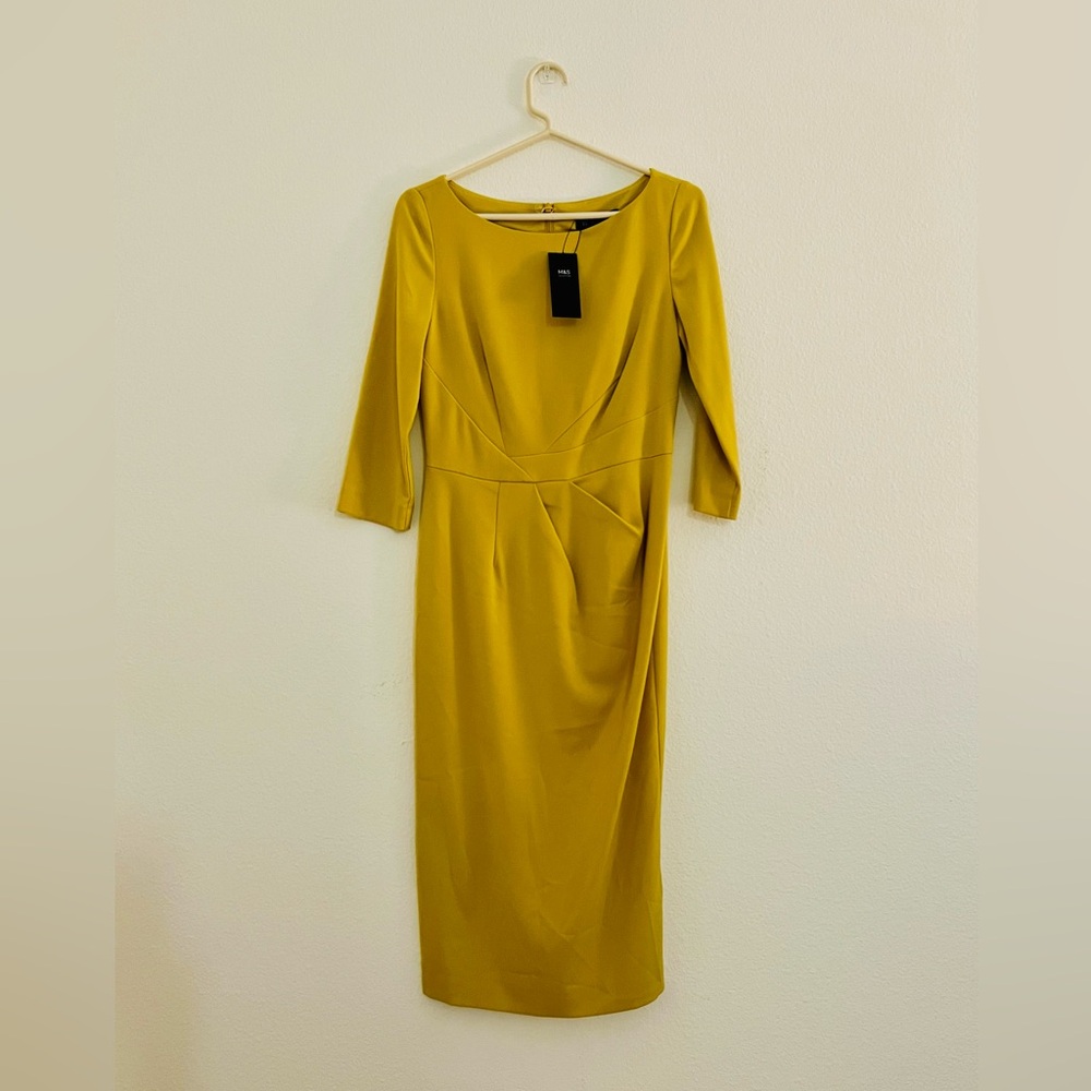 NWT Marks & Spencer Yellow Honey Pleated Sheath Dress 3/4 Sleeve